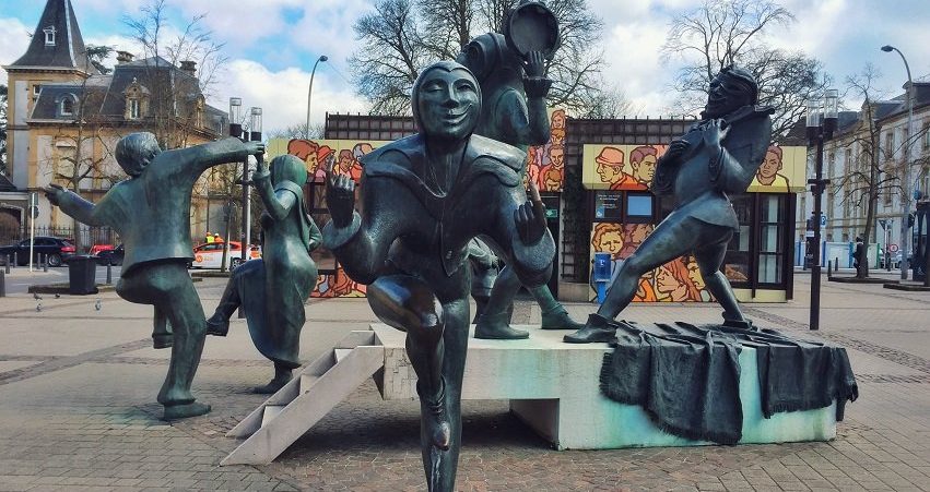 Actors sculptures in Theatre Square in Luxembourg city. Europe